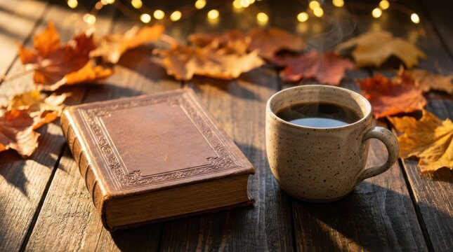 Vintage leather bound book with coffee mug and autumn leaves on wooden desk