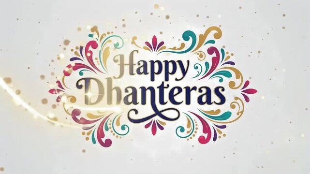 Happy Dhanteras colorful floral greeting card with swirling vector ornaments in an animated motion graphic background
