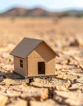 Cardboard model house on severely cracked desert soil, dry barren landscape behind. Close-up.