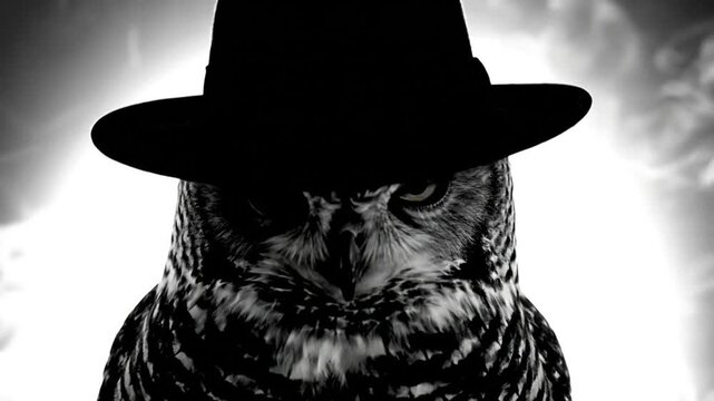 Mysterious owl with black fedora hat in dramatic black and white lighting makes a hooting sound