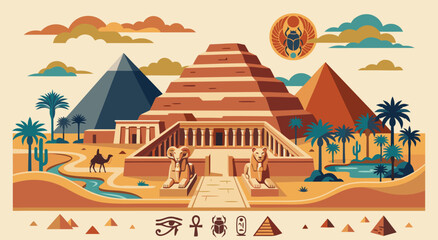A serene landscape illustration featuring ancient Egyptian pyramids and temples, capturing a vibrant desert scene in flat style. © doa
