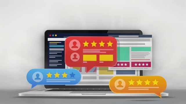 Customer Reviews Floating Around Laptop Displaying Online Ratings and Feedback in Digital Interface