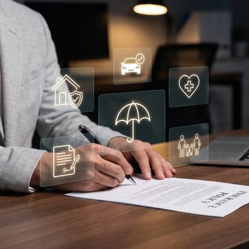 Hands signing insurance document with holographic protection icons, insurance technology concept
