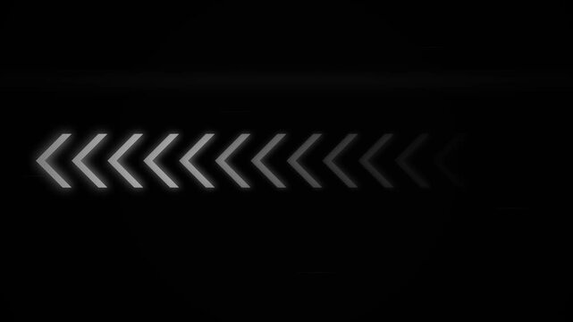 Glowing chevron arrows with fading light effect on a dark black background representing direction, speed, and digital progress ideal for technology presentations, user interface design, and