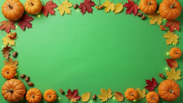Thanksgiving frame with orange pumpkins and autumn leaves on green background