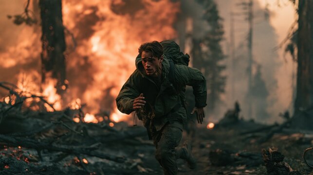 Panicked backpacker races from intense wildfire across charred forest floor