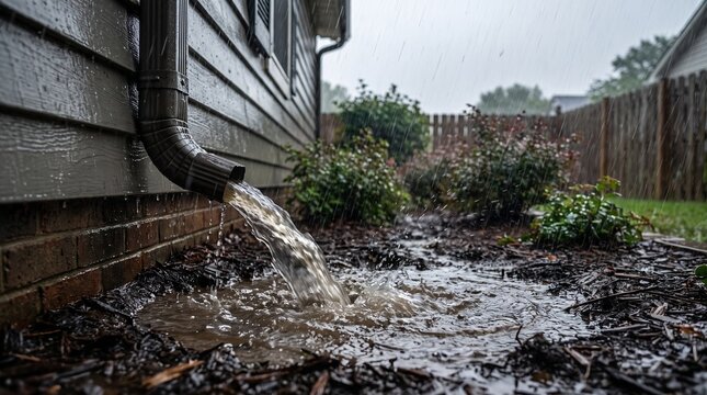 Metal downspout draining rainwater onto wet garden soil during heavy downpour capturing turbulent flow from house gutter system with dark brown siding and soft blurred background vegetation visible un