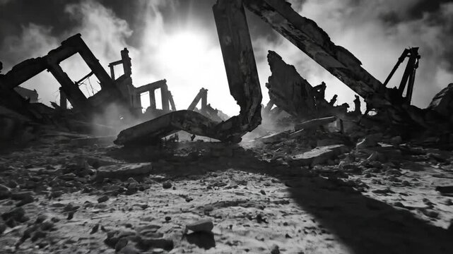 Black and white shot of a war torn scene with the remains of destroyed buildings, dust and debris.
