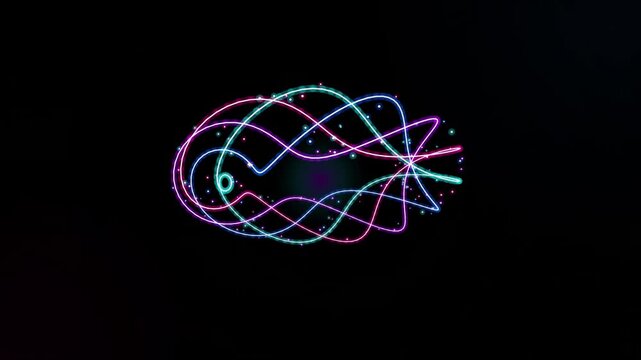 Abstract neon light trails forming a dynamic glowing oval shape with swirling colorful lines on a dark background