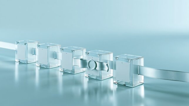 Row of identical frosted sample forms on a reflective teal surface, in a clean modern style