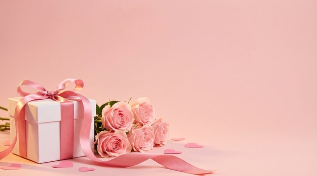 Mother's Day celebration with gift box and pink roses on pink background with copy space