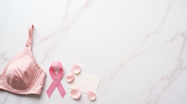 Breast cancer awareness event with pink ribbon and bra on marble background with copy space