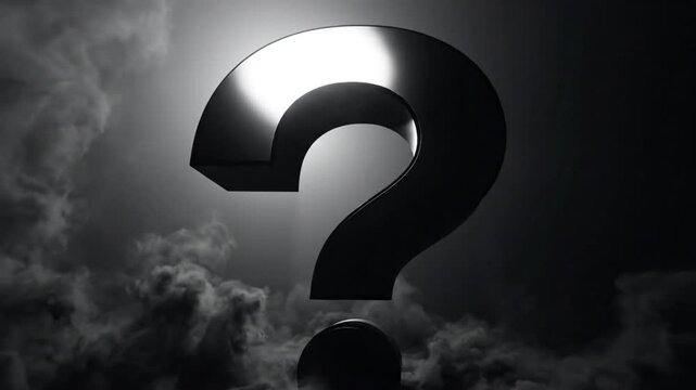 Dramatic metallic question mark hovering over ominous cloudy background with mysterious lighting