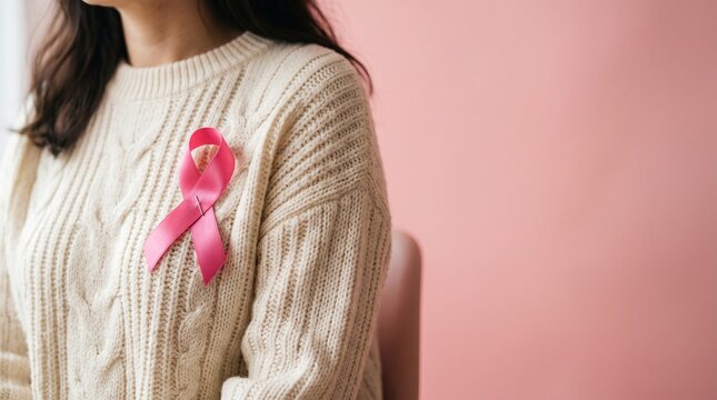 Breast cancer awareness day woman pinning pink ribbon to sweater with pink background