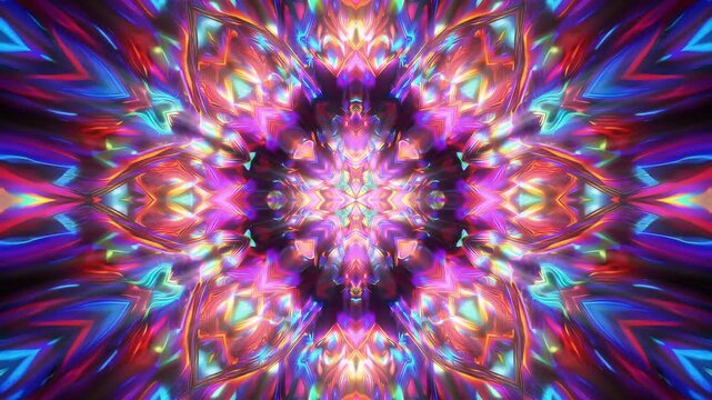 Colorful psychedelic tunnel flight with rainbow fractal patterns, high energy trance VJ loop for EDM stage
