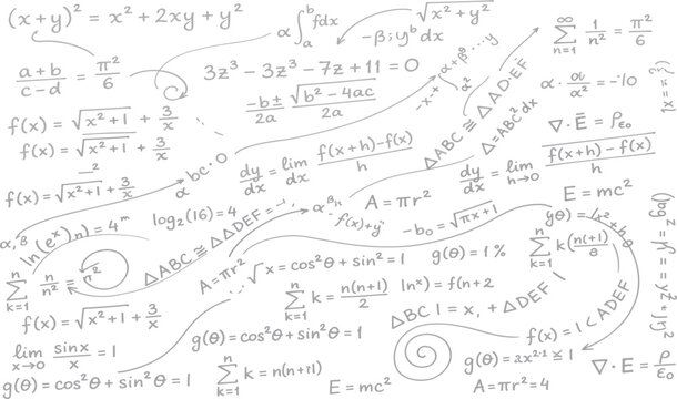 Mathematical Formulas and Equations: A collage of various mathematical formulas, equations, and scientific concepts written on a light background, showcasing the complexity of science.