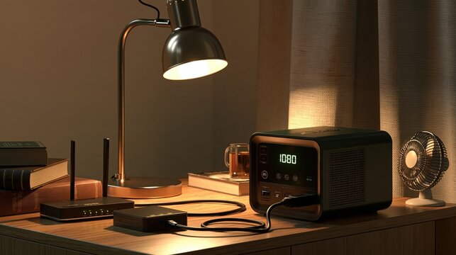 Backup power station supplies a desk lamp and fan during blackout