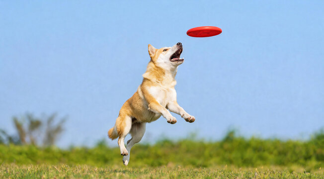 Yellow dog jumping to catch red frisbee on sunny grass