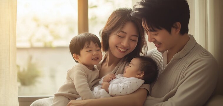 Asian parents cuddle newborn baby with smiling young son beside bright window