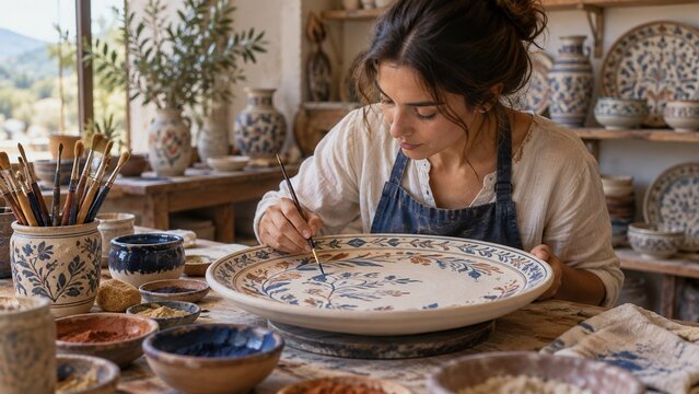 Female ceramic artist painting detailed floral patterns on a handmade plate in a traditional pottery studio