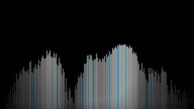 Abstract digital soundwave with vertical silver and blue bars on black background, concept for electronic music visualization, ideal for audio production websites and podcast covers