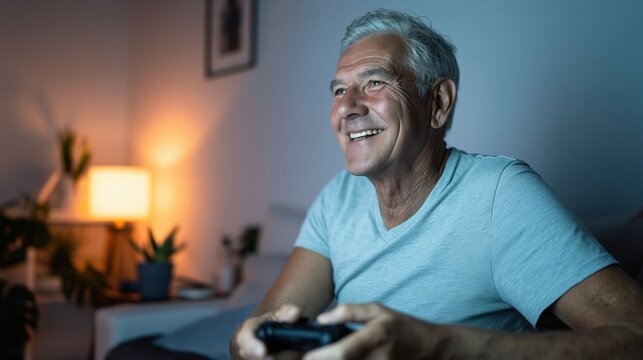 Happy senior man playing video game with controller sitting in cozy living room armchair