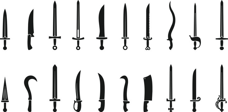 Collection of black silhouette icons representing various swords, daggers, and knives