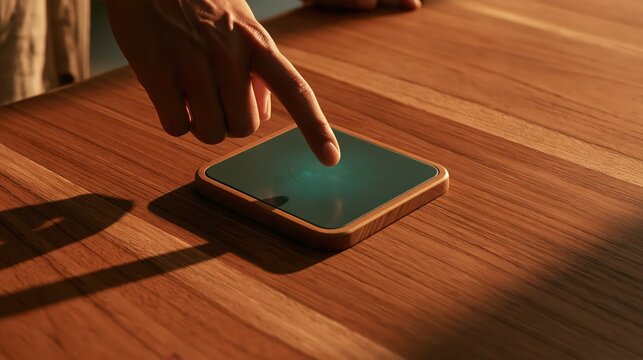 Finger touching a round biometric reader plate set into a wooden desk in warm light, with generous copy space