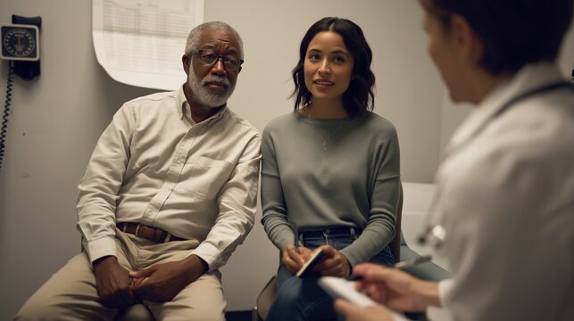 Elderly male patient and his adult daughter or relative in a medical office consulting with doctor