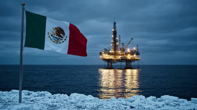 Mexican Flag Waving with Illuminated Offshore Oil Rig on Icy Arctic Sea. AI Generated.