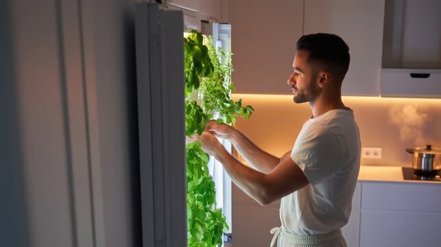 Man harvesting fresh herbs from indoor vertical salad wall in bright modern kitchen
