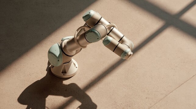 Collaborative robot arm folded down on a concrete floor casting long shadows, with a clean uncluttered composition