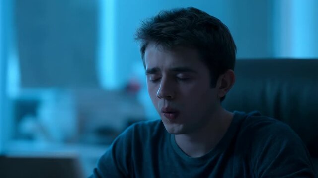 Exhausted young man yawning at night office desk, tired student overworking late, cinematic dark blue lighting, mental burnout and work life balance concept