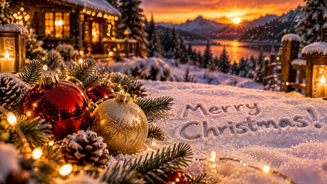 Weihnachten im Schnee mit Christbaumkugeln, Lichterkette und Winterh&uuml;tte bei Sonnenuntergang in den Bergen