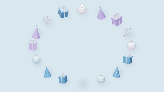Circle of festive holiday ornaments, gifts, and snowflakes on blue background.