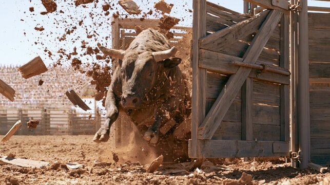 Rodeo bull breaks through wooden gate while splinters fill bright arena