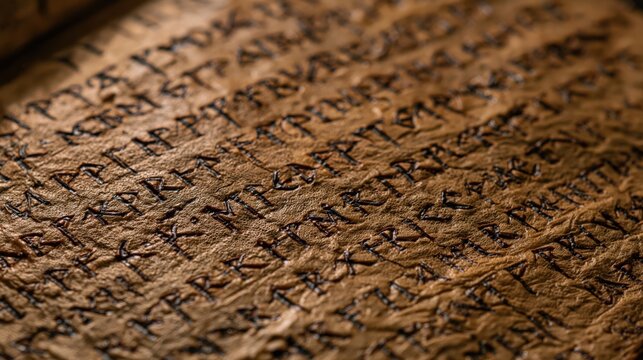 Ancient rune rows stretch across dark weathered manuscript surface