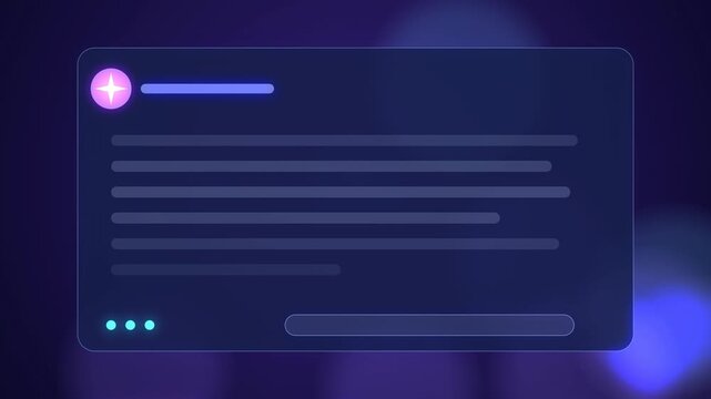 AI chatbot generating a response on a glass panel, skeleton text lines filling with typing indicator, UI loop