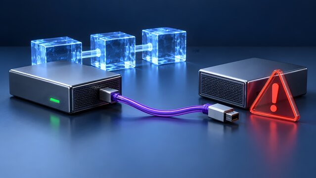 Digital connection with warning symbol indicates data transfer error or system alert abstract technology concept