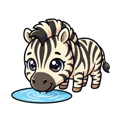 Obraz premium Cute Zebra Cub Drinking Water: A charming cartoon zebra cub with big, expressive eyes and distinctive black and white stripes bends down to drink from a small puddle.