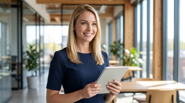 Professional woman holding a digital tablet in a modern bright office