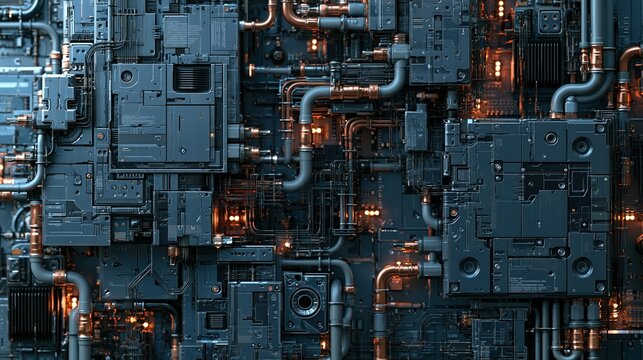Front facing futuristic machine wall combines blue panels copper pipes and orange lights