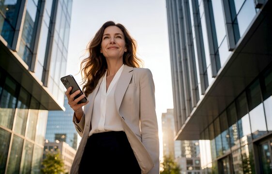 Professional woman holding a smartphone standing in a modern city