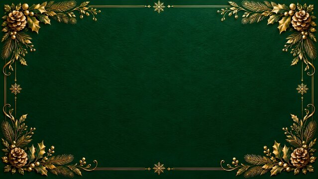 Luxurious gold foil Christmas frame with holly, pine cones and snowflakes on deep emerald green textured paper