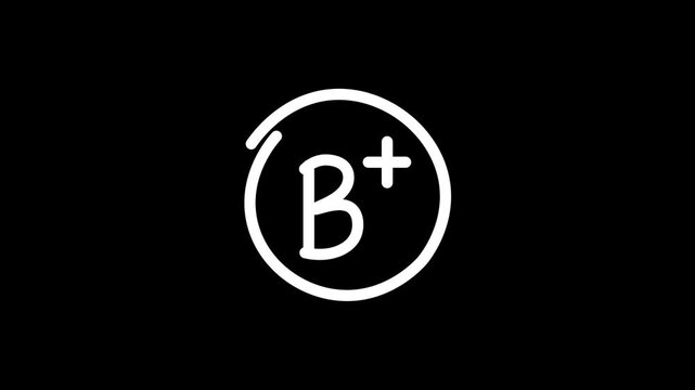 "B+" grade mark, circled; hand-drawn animation in a chalk or pencil style, set against a dark background with an alpha channel; 4K video.