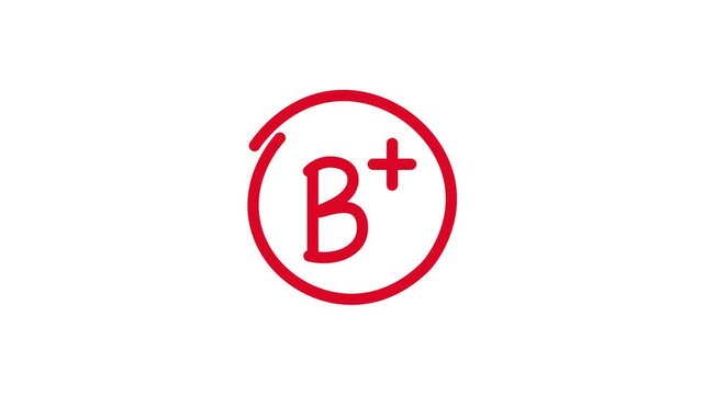 Animation of a circled B+ grade, good academic score, handwritten B+ grade, transparent background, 4K video.