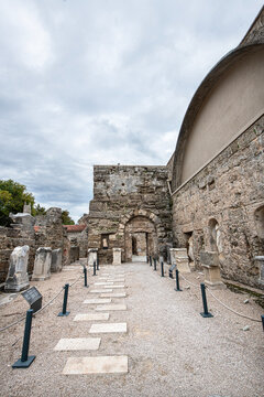 Side Ancient City. This photograph shows the Agora Baths, a historic bath complex dating back to the Roman period.