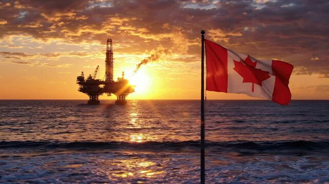 Canada Flag Waving with Offshore Oil Rig Silhouette at Sunset. AI Generated.