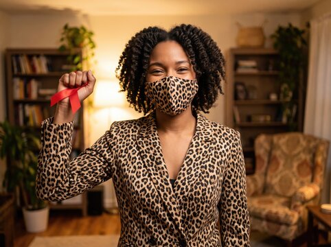 Confident young woman wearing leopard print mask and blazer holding red ribbon up for aids awareness