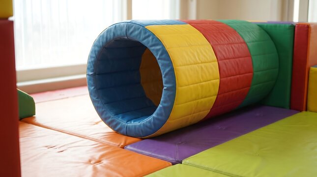 Colorful soft play tunnel for childrens indoor playground fun.